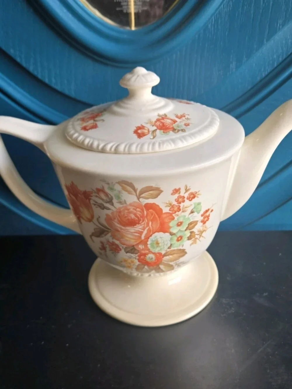 Vintage 1946 Homer Laughlin Ceramic Teapot w Exquisite Orange Poppy Print Op
